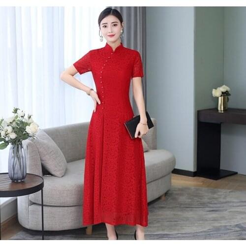 2021 chinese retro lace cheongsam modified aodai slim short-sleeved classical qipao oriental traditional wedding party dress