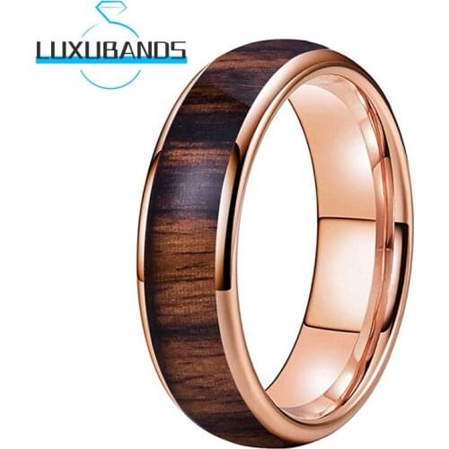 Rose Gold 6MM Men Women Tungsten Carbide Rings Real Wood Inlay Wedding Bands Polished Finished Comfort Fit