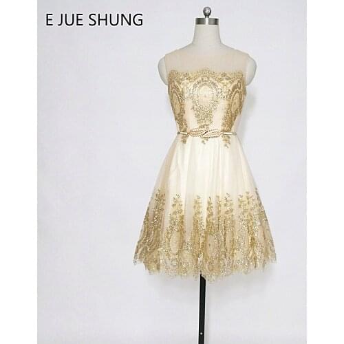 E JUE SHUNG Gold Lace Appliques Short Evening Dresses With Sash A-line Short Prom Party Dresses Formal Dresses robe de soiree