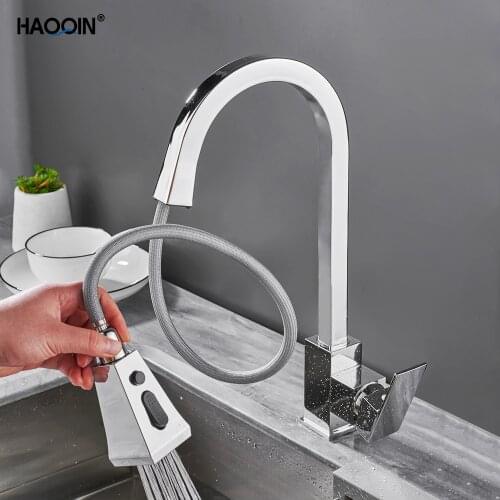HAOQIN Matte Black Pull Out Spout Kitchen Faucets Swivel 360 Degree Hot Cold Water Mixer Single Hole Handle Sink Tap