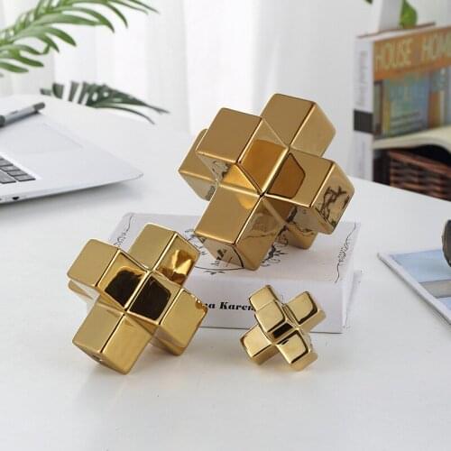 Nordic Creative Square Blocks Ceramic Craft Ornaments Modern Cross Model Black Gold Ceramic Home Decorative Cross Figurine