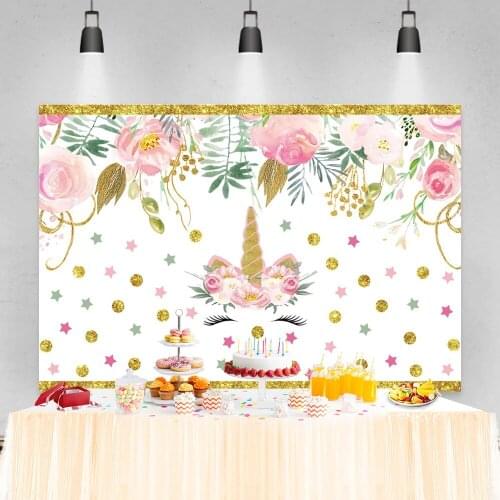 Laeacco Unicorn Baby Birthday Backdrop For Photography Beautiful Flower Gold Polka Dots Photocall Background Poster Photo Studio