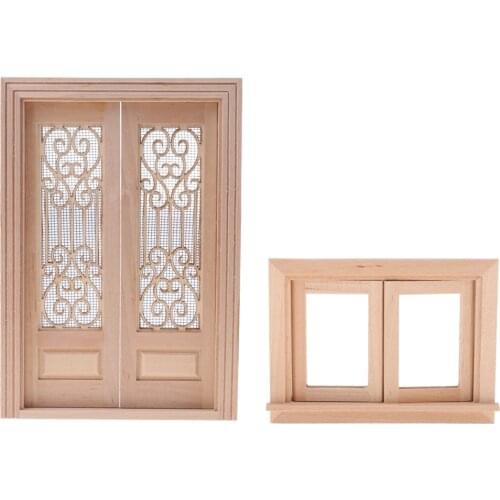 1/12 Scale Dollhouse Miniature Wood External Hollow Screen Double Door & Window Unpainted Furniture for Dolls House Accessory