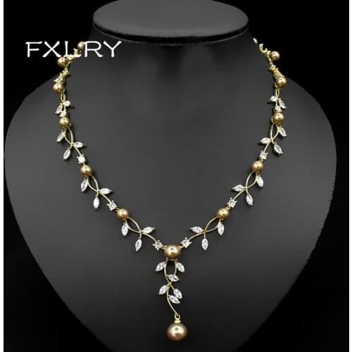 FXLRY Fashion Simple AAA Cubic Zirconia Imitation Pearl Snake Bone Chain Geometric Golden Necklace For Women Jewelry
