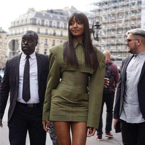 Fashion Winter Long Sleeve Green Pleated Button Mini Women Dress Bodycon Party Dress