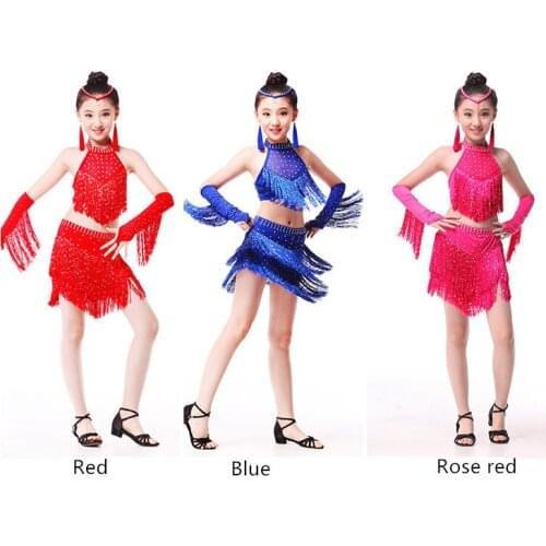 New 2017 Children Kids Sequin Feather Fringe Stage Performance Competition Ballroom Dance Costume Latin Dance Dress For Girls