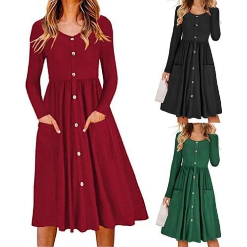 Charming O Neck Pleated Hem Midi Dress Solid Color Long Sleeve Buttons Closure Pockets Women Tunic Dress Streetwear for Vacation