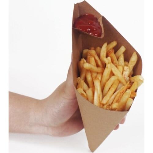 Disposable Creative Cone Shape French Fries Box Waterproof And Anti-Oil Food Grade Kraft Paper Bag Fried Food Package 100pcs
