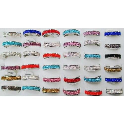 Wholesale Bulk Lots 25Pcs 2Row CZ Inlay Wedding Stainless Steel Ring Wedding Bridal Valentine Fashion Jewelry 17-21MM