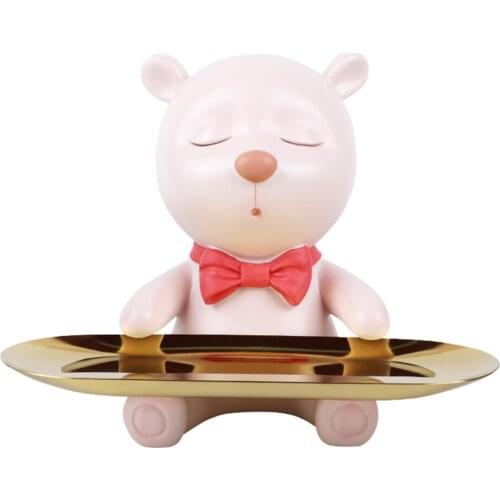 Home Ornaments Bear Tray Creative Entrance Synthetic Hand-cast Pink Resin Figurine Sculpture Key Storage