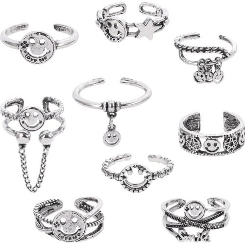 Retro Smiley Face Wide Ring Antique Silver Color Opening Harajuku Rings Smiling Happy Bridal Sets Ring Steampunk Twisted Jewelry