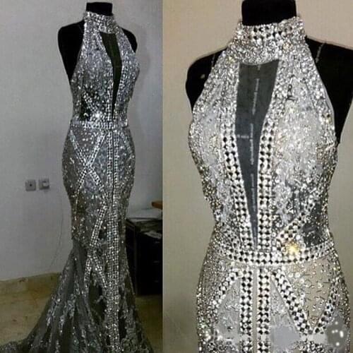 Luxury Crystal Bead Sequins High Neck Mermaid Amazing Long Formal Evening Dresses Pageant Gowns Prom Dresses Evening Wear Sliver