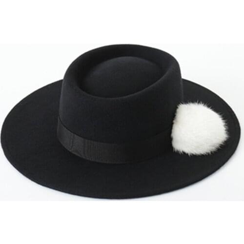 Handmade cute rabbit fur ball top hat Women fedora hat retro fashion wool ladies dome hat autumn winter elegant jazz hat