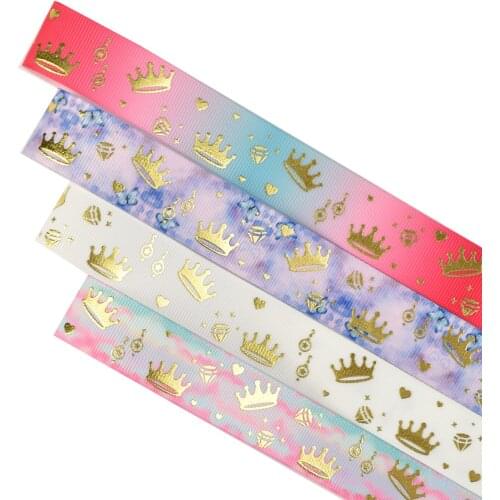 22mm 7/8" Gold Foil Crown Stars Earring Grosgrain Ribbon For Christmas 50yards Welcome Custom Printed