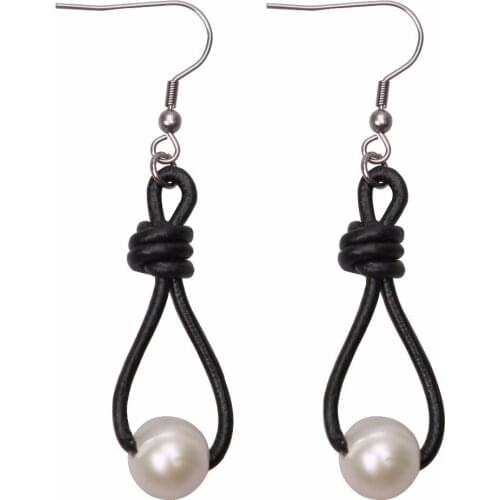 Ambrum Single White Freshwater Pearls Dangle Earrings, Women Handmade Pearl Leather Jewelry