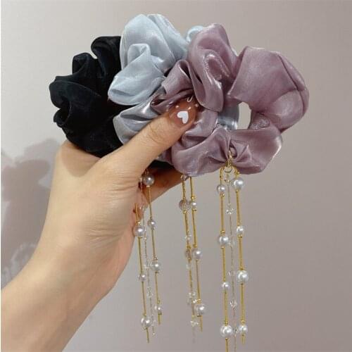 Silk Pearl Scrunchies For Women Elastic Hair Band Hair Ties Flower Hair Accessories Retro Korean Hairpins Bows Barrette
