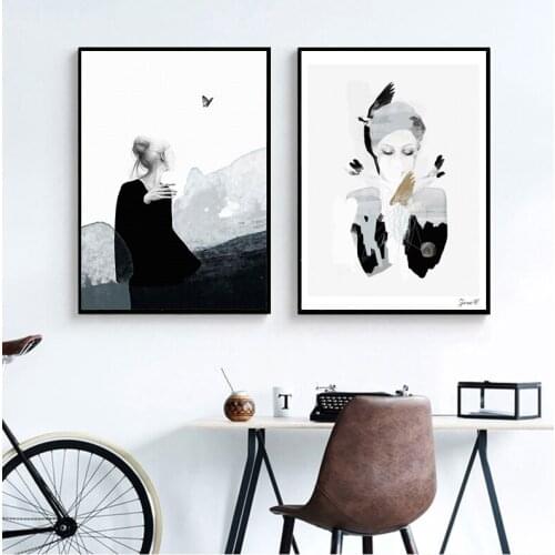 Nordic Canvas Art Print and Poster, Girl Portrait Wall Art Painting for Living Room Decoration, Scandinavian Bedroom Wall Decor
