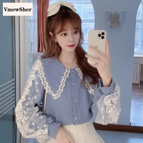 VmewSher New Spring Lace Patchwork Women Shirt Long Sleeve Peter Pan Collar Lady Elegant Single Breasted Autumn Sweet Blouse Top