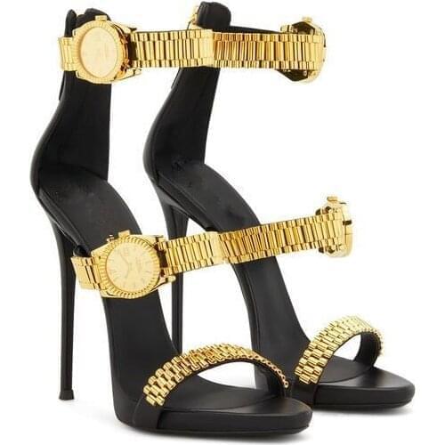 Fashion Metal Watch Embellished Straps Sandals High Heels Summer Ladies Open Toe Thin Heels Shoes Woman Stage Party Oufit Shoes