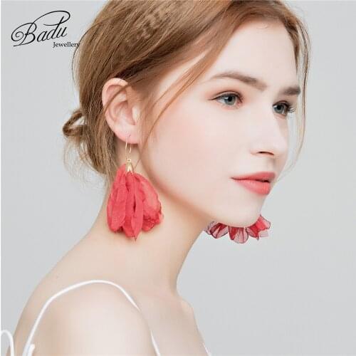 Badu Tulle Cloth Flower Earrings Round Circle Red pink color Bohemian Drop Earring for Holiday Party Jewelry Gift for Women