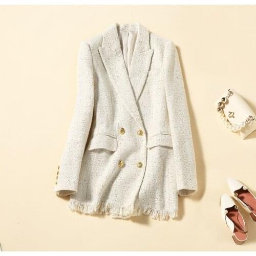 Blazer Women 2021 Autumn Winter New Notched Collar Long Sleeved Double Breasted Tassles Solid Color Ladies Jackets Female S-XL