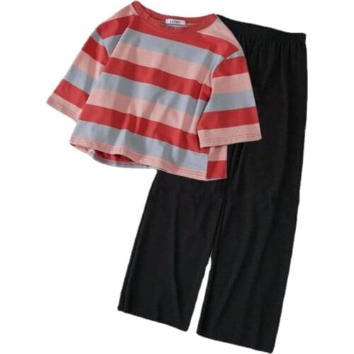2 Pcs Women Sets Colorful Striped T-shirt Simple Elastic-waist Wild-leg Suit Loose Long Trousers Student Girls Outfit Sets