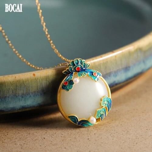 Trenda Real s925 Silver Gold-plated Round Brand Hetian Jade Pendant for Woman Fashionable Simple and Exquisite Womens Necklace
