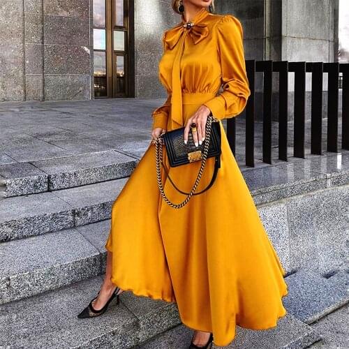 Bow Tie Dress Woman 2021 Spring Vintage Elegant Long Party Dress Casual Long Sleeve Slim Solid Office Ball Gown Maxi Dresses 3XL