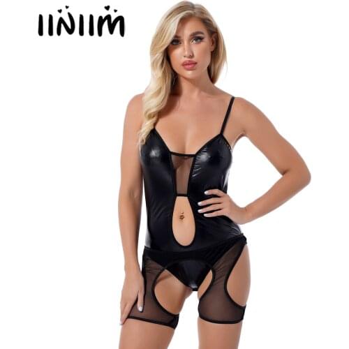 Womens Lingerie Patent Leather Bodysuit Sexy Clubwear Adjustable Shoulder Straps Catsuit with See-through Mesh Cutout Shorts