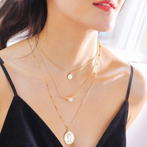Vintage Fashion Boho Vintage Gold Slub Chain Faux Pearl Head Coin Necklace For Women New Multilevel Chains Choker Jewelry Gift
