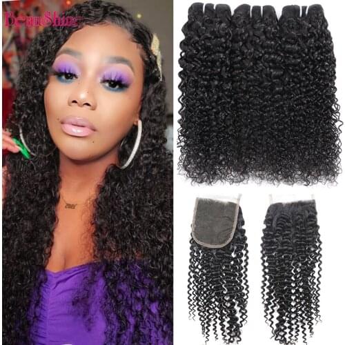 30inch Brazilian Human Hair 4x4 Bundles With Closure Kinky curly Hair bundle with closure 3 pcs Lot Non-remy hair Extension