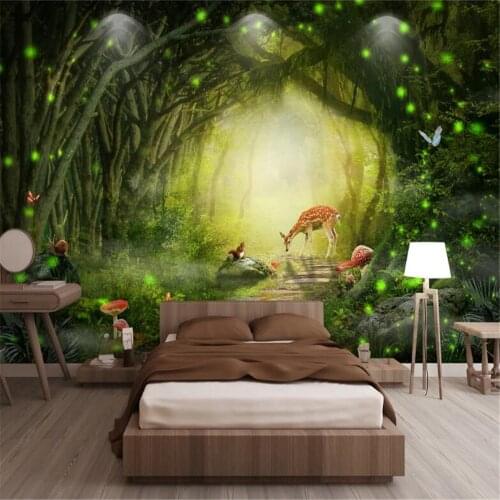 Milofi custom 3D wallpaper mural children cartoon Nordic modern fantasy green forest elk squirrel background wall