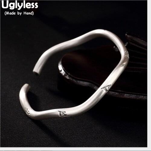 Uglyless 100% Real Solid 999 Pure Silver Personalized Wave Bangles for Women Buddhism Six-Word Open Bangle Handmade Fine Jewelry