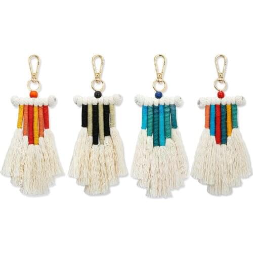 KC00121 Column Rainbow Cotton Fringe Tassel Keychain 2021 New Colorful Wood Beads Key Chain Bag Pendant Accessories Wholesale