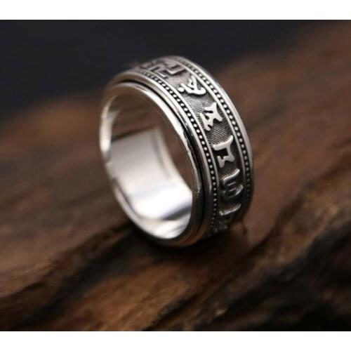Solid Silver 925 Rings Men Rotating Spinner Ring Thick Band Om Mani Padme Hum Real 925 Sterling Silver Lucky Jewelry Men, 12.1g