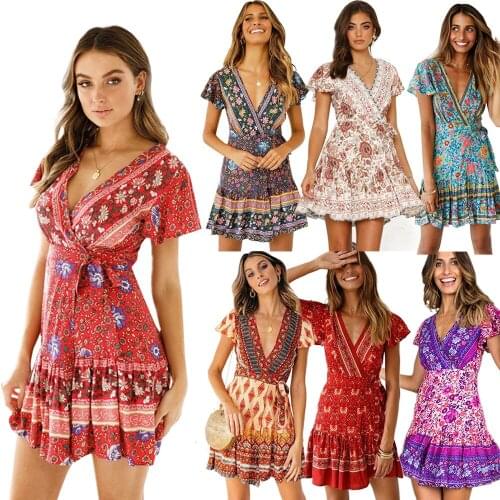 French Vintage Style Summer Women Ethnic Floral Print Mini Dress Short Sleeve V-Neck Lace-up Dress Bohemian Beach Sundress Slim