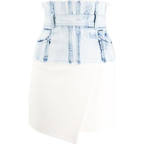 HIGH STREET Newest 2021 Designer Skirt Womens Tassel Fringed Denim Patchwork Asymmetrical Skirt