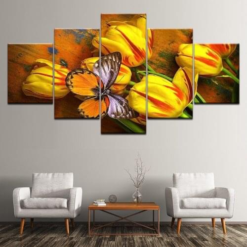 Canvas Painting Yellow tulips and butterflies 5 Pieces Wall Art Painting Modular Wallpapers Poster Print for living room Decor