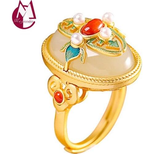 Royal Court Inlaid Jade Adjustable Finger Ring Real 925 Sterling Silver And Gold Plate Fine Jewelry Women 2021 Free Shipping R22
