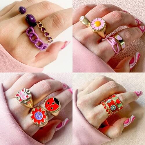 Vintage Multicolor Insect Butterfly Chunky Ring Set Delicate Gold Metal Cute Love Heart Rings for Women Girls Aesthetic Jewelry