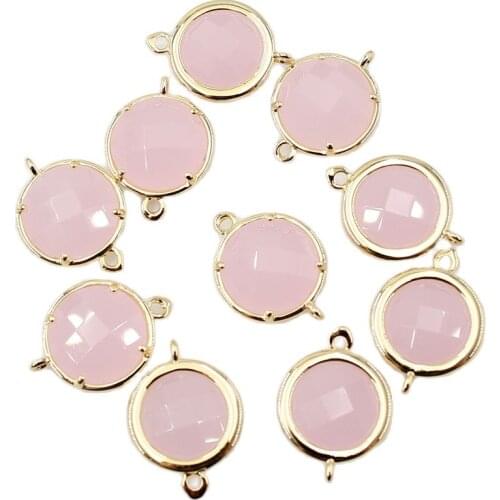 APDGG 10Pcs 14MM Natural Pink Crystal Glass Round Gold Plated Connector For Necklace Pendant Jewelry DIY