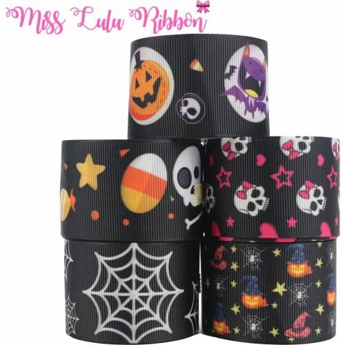 16mm-75mm Halloween Devil Pumpkin Spider Bat Skull Cartoon Pattern Color Gift Wrapping Ribbon 50 Yards / Roll