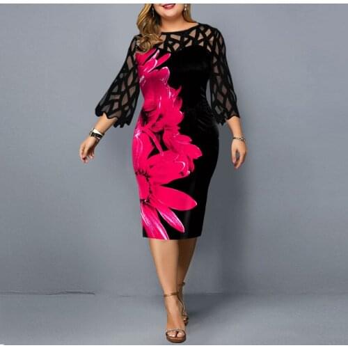 Summer Dress Women 2021 Elegant Floral Print Birthday Club Party Dress Casual Plus Size Sexy Patchwork Mesh Bodycon Dresses 5XL