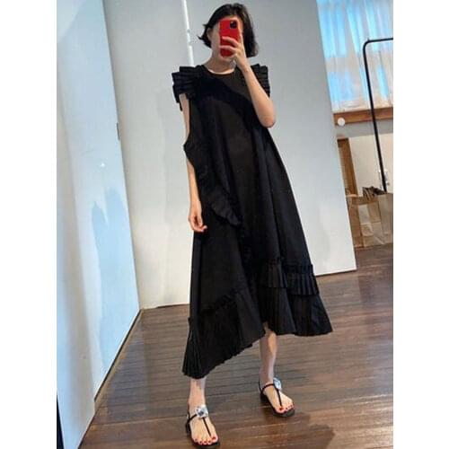 Summer Womens Dress Korean Style Pleated Stitching Round Neck Solid Color Dress New Loose Casual Irregular Female Dresses GX357