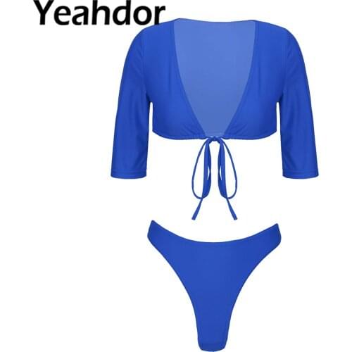 Summer 2PCS Women Sexy Swimsuit Beachwear Swimming Bathing Suit Bikini Set Half Sleeve Tie Front High Waist Thong Swimwear