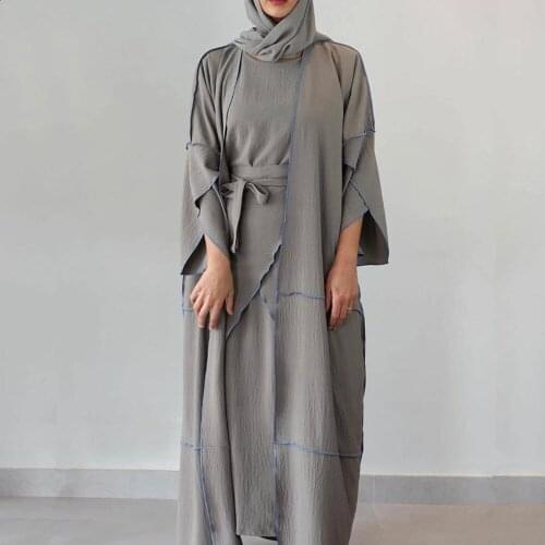 Muslim 4 Piece Matching Set Women Linene Dubai Arabic Modest Outfit Plain Kimono Open Abaya Maxi Dress Wrap Front Skirt Long Eid