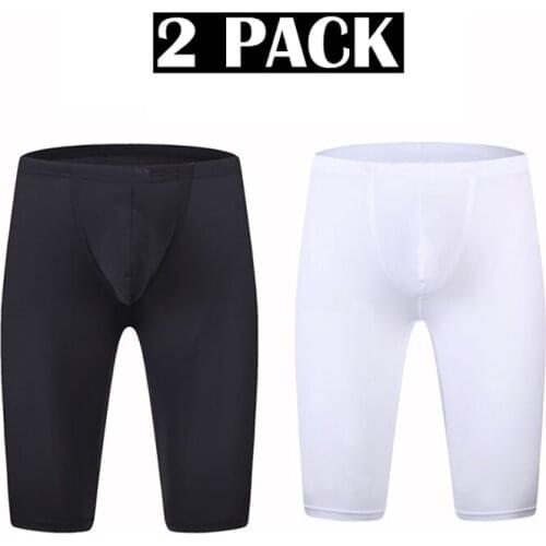 2PCS/Lots Men Long Boxer Shorts Ultra-thin Ice Silk Sleep Bottoms Pajama Slip Homme Fitness Underwear Summer Sleepwear Trousers