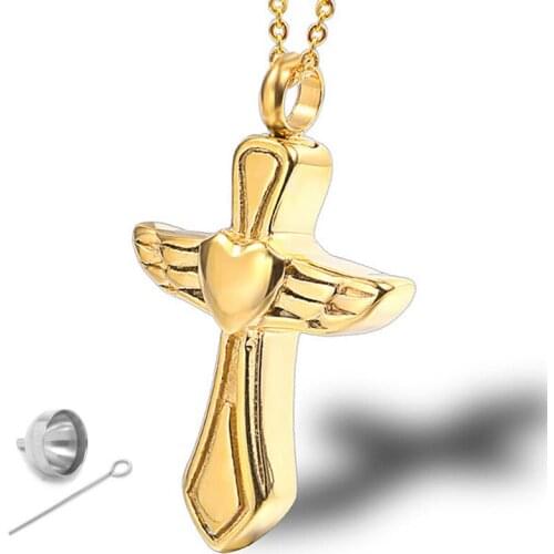 RIR Angel Wings Heart Cross Urn Pendant Necklace Memorial Ash Keepsake Cremation Jewelry In Stainless Steel