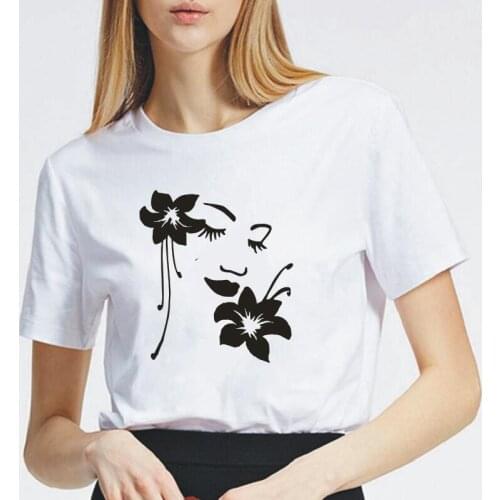 Flower Girl Woman Face Modern Girlfriend T Shirt Women Tops Summer Cotton Tee Shirt Femme Short Sleeve Casual Camiseta Mujer