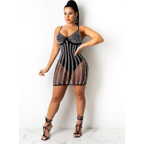 Women Dress See-through Mesh Diamonds Thin Straps V-Neck Sleeveless Sexy Slim Elastic Strap Mini Dresses Summer